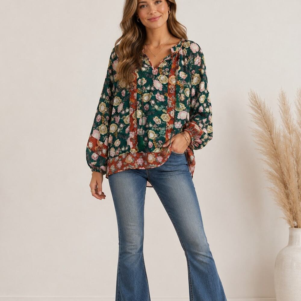 Daniel Rainn DR2 Mixed Floral Green Orange Pink Puff Sleeve Blouse Womens M Boho